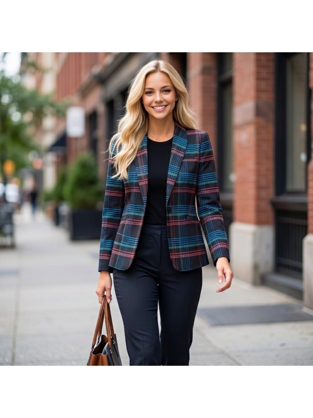 CAbi Holiday Plaid Black Blazer Jacket Sz L Jacket #3850 Unlined Pockets‎